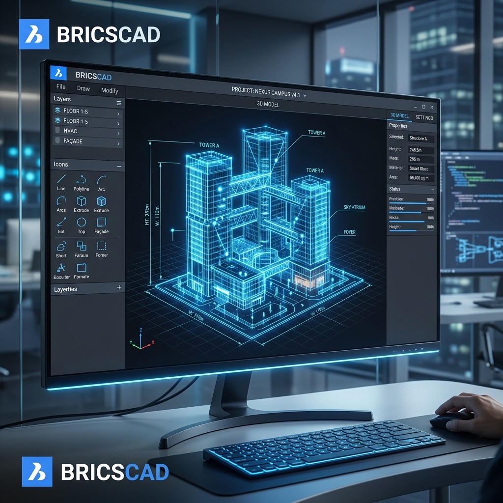 BricsCAD - Interfaz del software CAD profesional mostrando diseño arquitectónico